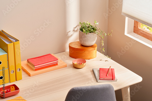 Notebooks and potted plant on wooden desk