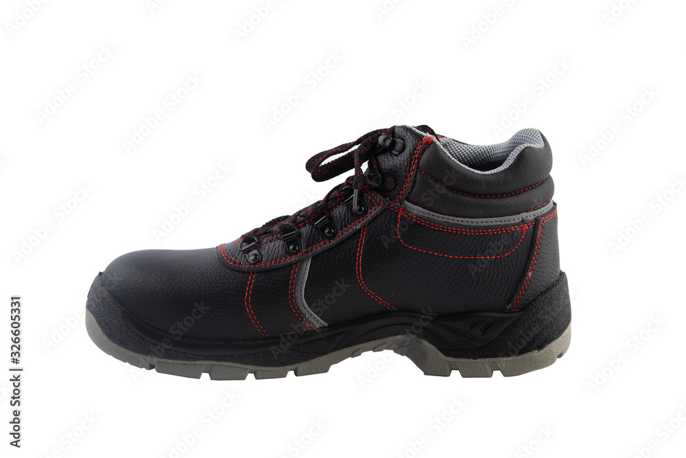 Safety shoes isolated on white background. New safety shoes. Standard construction safety. Safety shoes isolated on white background. New safety shoes. Standard construction safety.