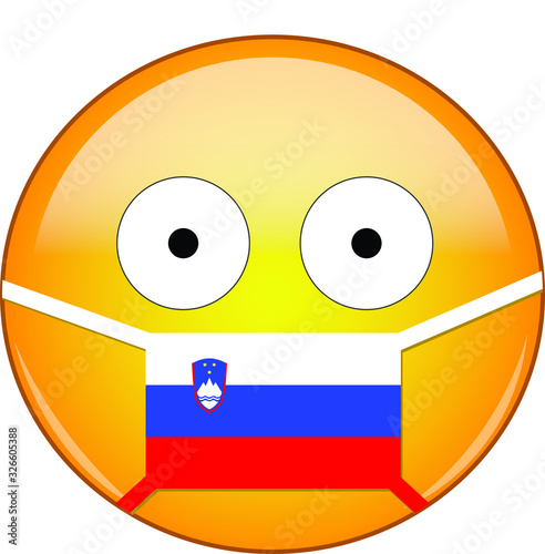 Yellow scared emoji in Slovenian medical mask protecting from SARS, coronavirus, bird flu and other viruses, germs and bacteria and contagious disease as well as toxic smog in Slovenia.