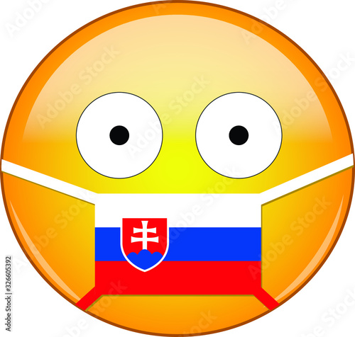 Yellow scared emoji in Slovak medical mask protecting from SARS, coronavirus, bird flu and other viruses, germs and bacteria and contagious disease as well as toxic smog in Slovakia.