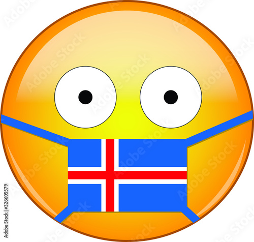 Yellow scared emoji in Icelander medical mask protecting from SARS, coronavirus, bird flu and other viruses, germs and bacteria and contagious disease as well as toxic smog in Iceland.