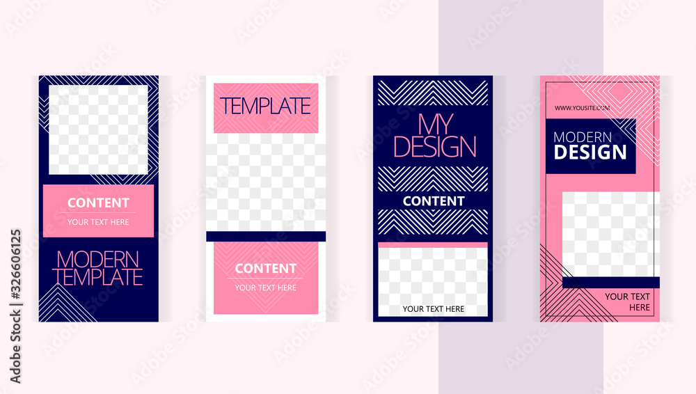 Elegant pink and dark blue linear patterns. Set templates for design of social networks, story and print with windows for images. Elegant pink and dark blue linear patterns. Set templates for design of social networks, story and print with windows for images.