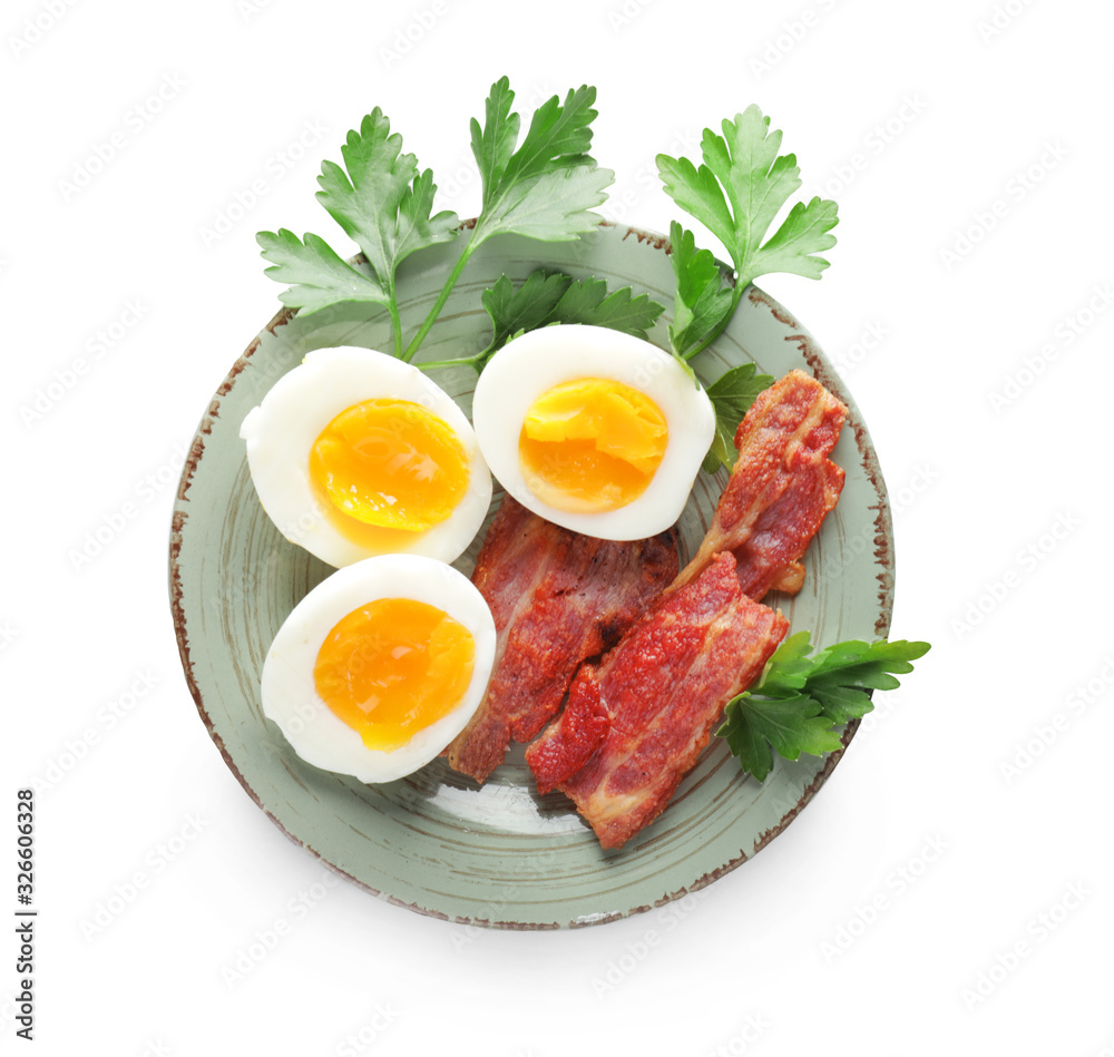 Fresh boiled eggs with bacon on white background