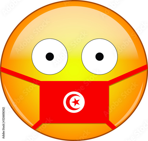 Yellow scared emoji in Tunisian medical mask protecting from SARS, coronavirus, bird flu and other viruses, germs and bacteria and contagious disease as well as toxic smog in Tunisia.