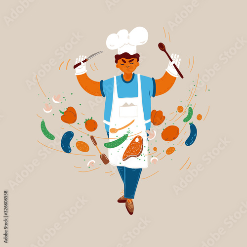 Vector cartoon illustration of home and small restaurant male man cook concepts. Boy cook conducting food creating process with serious face expression