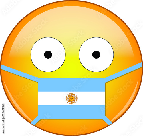Yellow scared emoji in Argentinian medical mask protecting from SARS, coronavirus, bird flu and other viruses, germs and bacteria and contagious disease as well as toxic smog andpollution in Argentina
