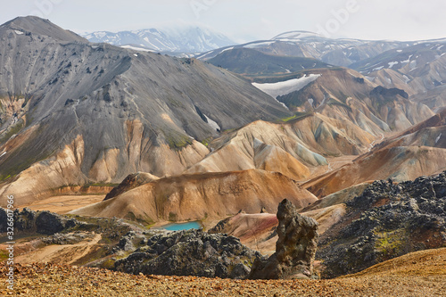 Fjallabak volcanic snowy mountains and blue lakes. Iceland landscape photo