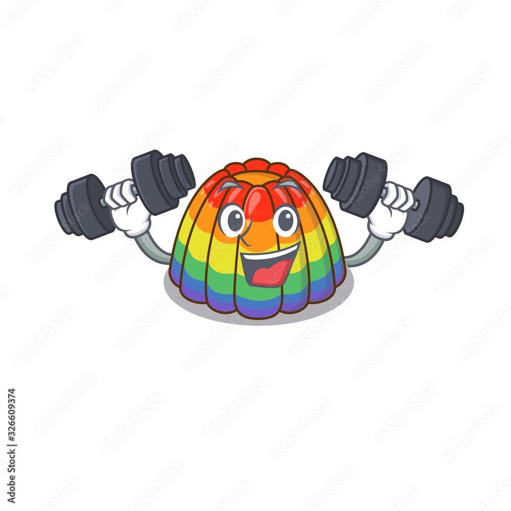 Sporty Fitness exercise rainbow jelly mascot design using barbells