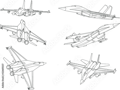 Modern jet fighter aircraft Line Vector illustration. Isometric Drawings.
