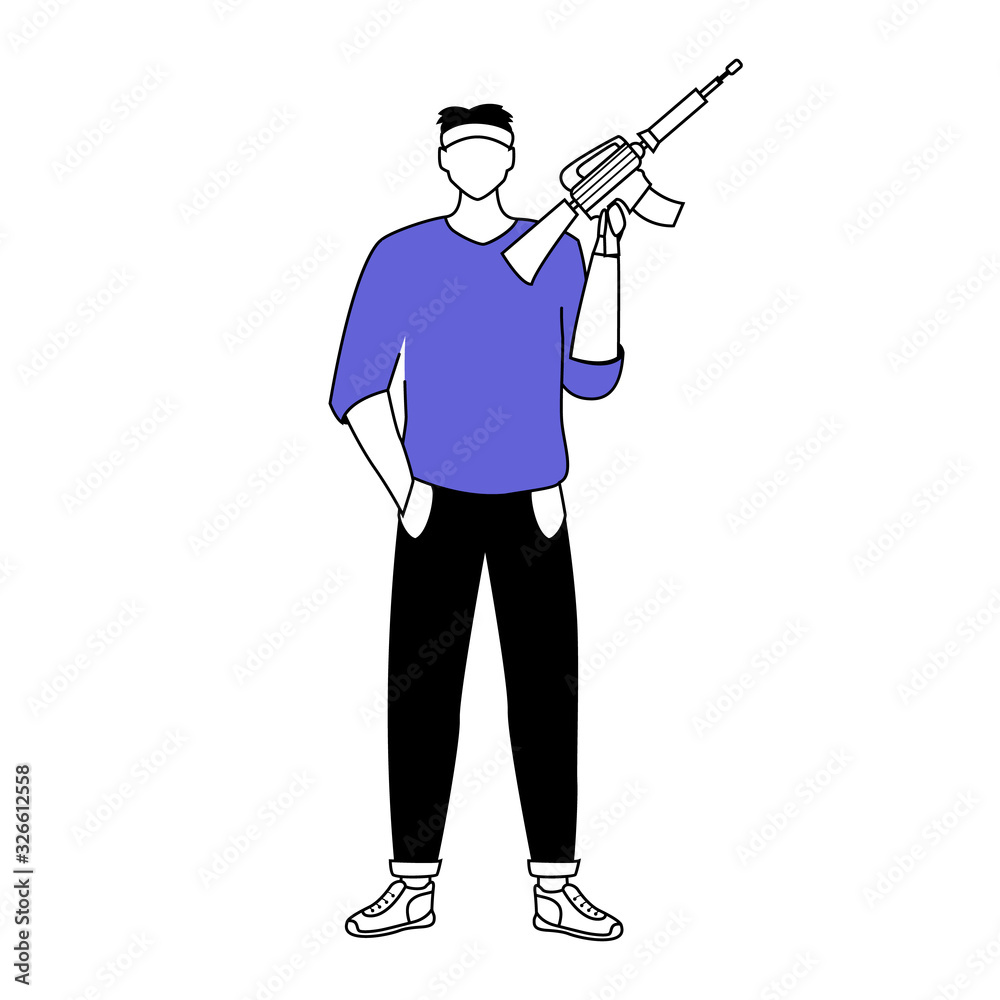 Man holding rifle flat silhouette vector illustration. Armed person. Burglar with weapon. Terrorist. Shooting gallery. 2D isolated outline character on white background. Simple style drawing Man holding rifle flat silhouette vector illustration. Armed person. Burglar with weapon. Terrorist. Shooting gallery. 2D isolated outline character on white background. Simple style drawing