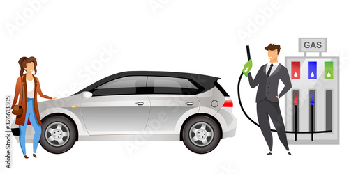 Couple at gas station flat color vector faceless characters. Husband and wife refueling car with gasoline isolated cartoon illustration for web graphic design and animation. People at petrol station