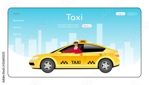 Taxi landing page flat color vector template. Urban travel service homepage layout. Cab delivery one page website interface with cartoon character. Express transportation order web banner, webpage