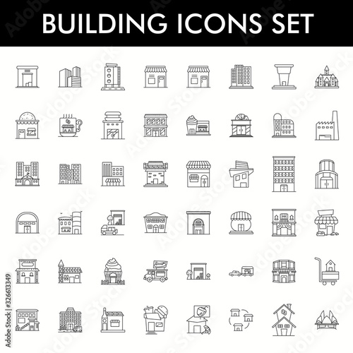 Line Art Illustration of Building Icon Set on White Background.