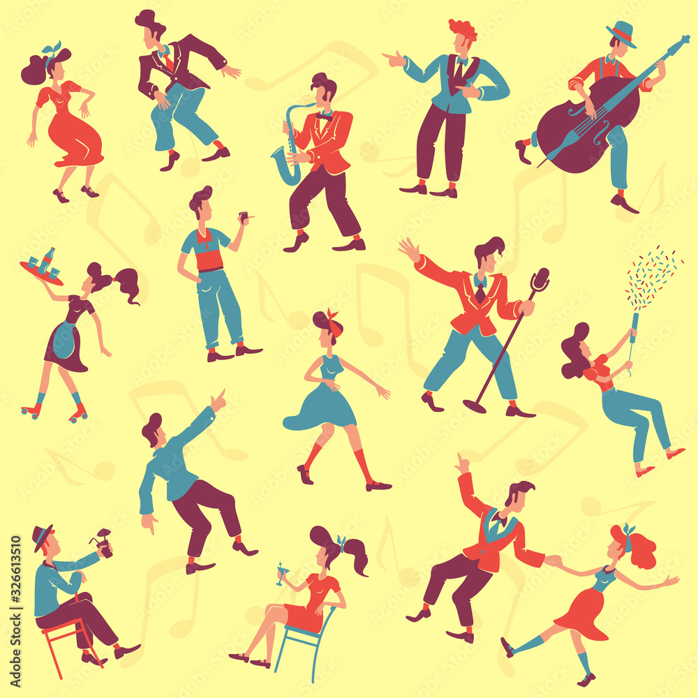 Retro style party flat vector seamless pattern. Jazz musicians, jive and rock n roll dancers background. Old fashioned 1940s texture with cartoon color characters. Wrapping paper, wallpaper design Retro style party flat vector seamless pattern. Jazz musicians, jive and rock n roll dancers background. Old fashioned 1940s texture with cartoon color characters. Wrapping paper, wallpaper design