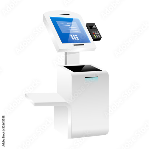 Innovative self order kiosk realistic vector illustration. Interactive payment system flat color object. Freestanding construction with touch screen technology isolated on white background