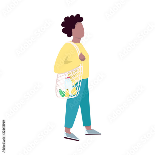 Woman with reusable mesh net flat color vector faceless character. African american customer, shopper using eco string handbag isolated cartoon illustration for web graphic design and animation