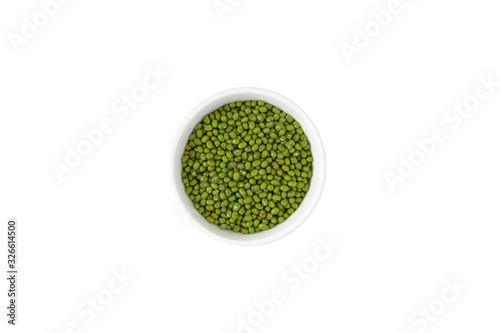 Mung beans in ceramic bowl isolate on white background. High Source of Protein. Weight Loss.