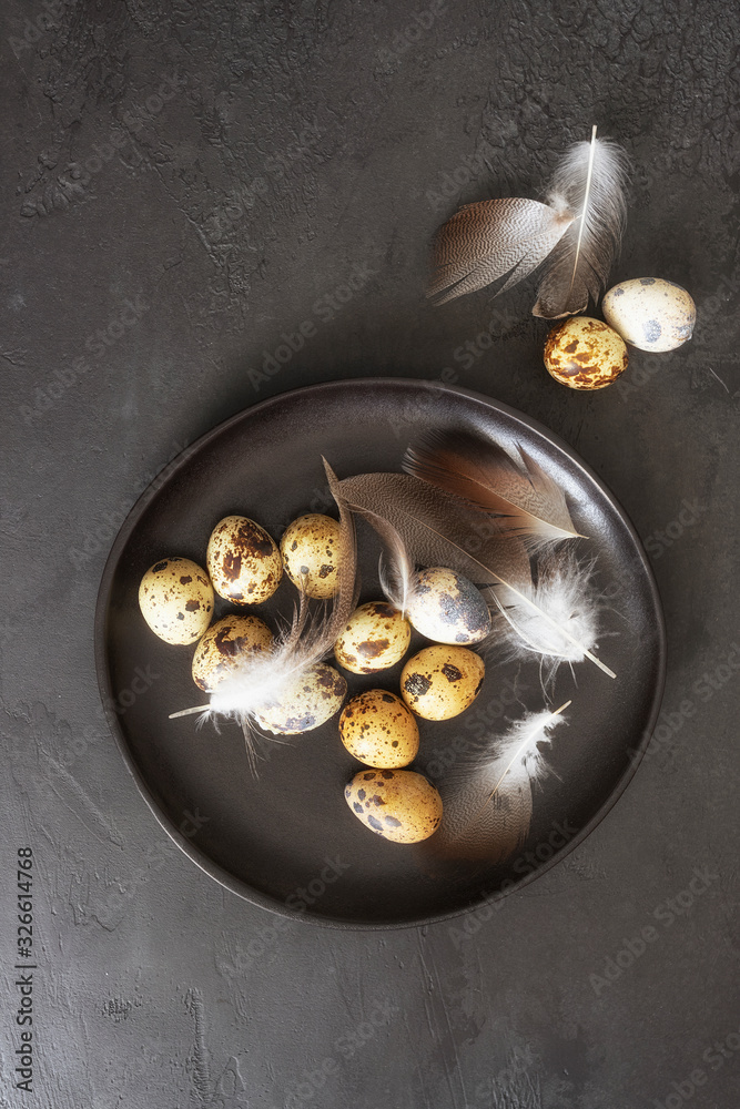 Happy Easter concept. Black ceramic plate with quail eggs and bird feathers on dark concrete background. Minimalist style Happy Easter concept. Black ceramic plate with quail eggs and bird feathers on dark concrete background. Minimalist style
