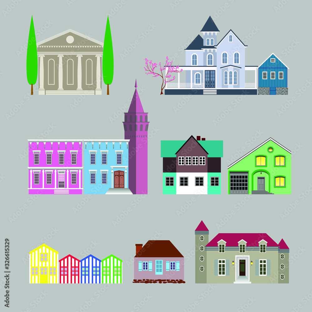 Set of houses, cottages and cabins. Vector EPS10