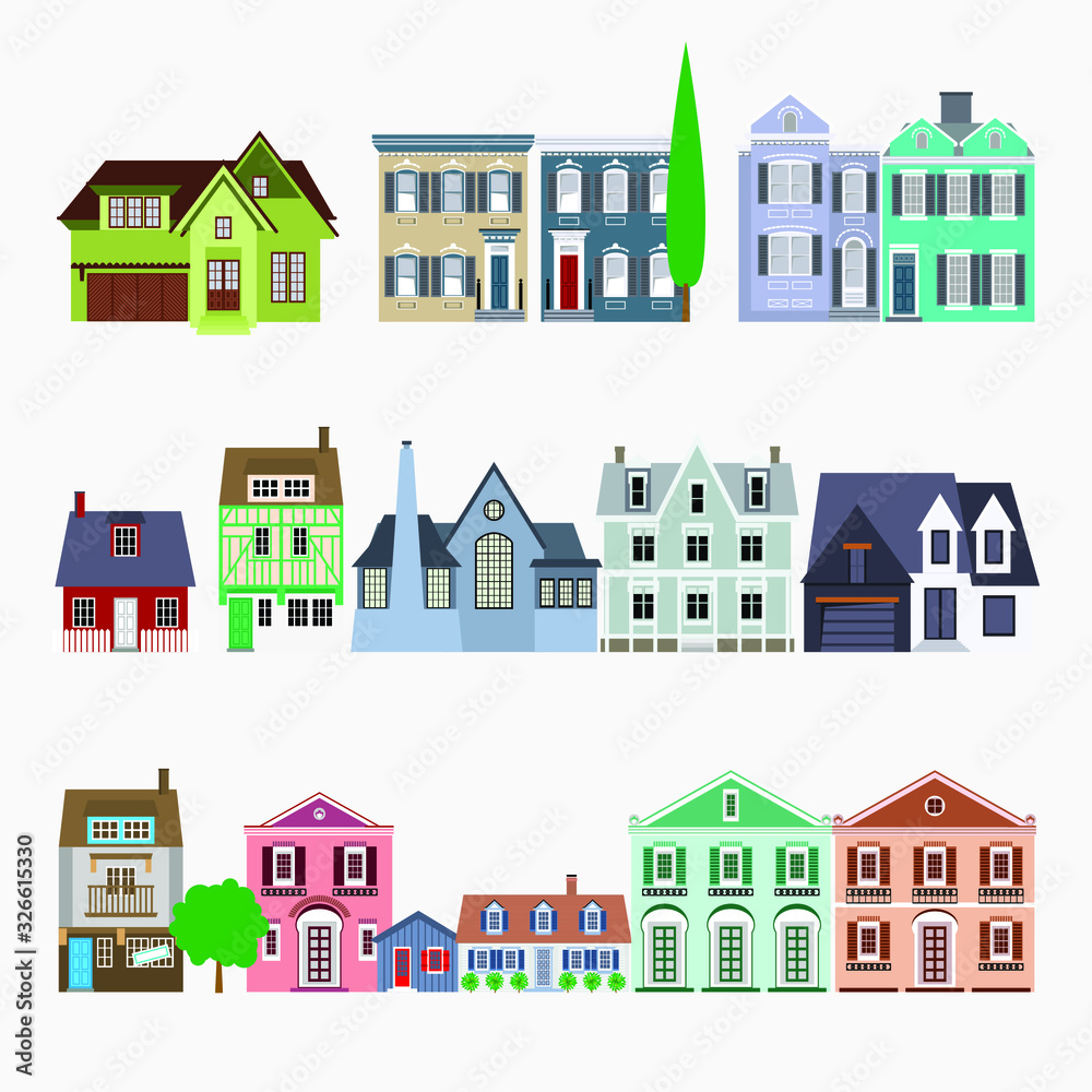 Set of houses, cottages and cabins. Vector EPS10