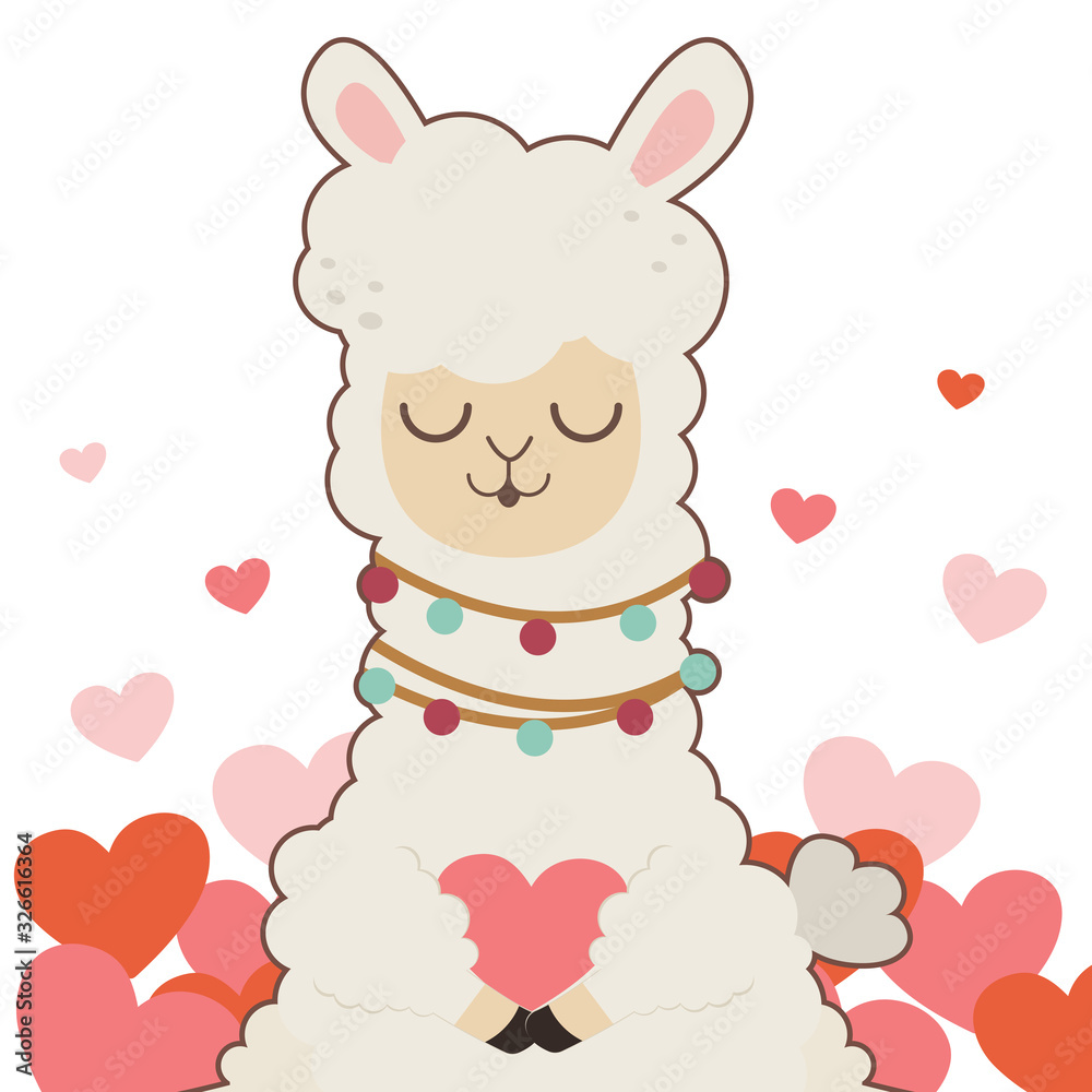 The character of cute alpaca smiling ang holding a heart on the white background. The character of cute alpaca hugging a heart. The character of cute alpaca in flat vector style. The character of cute alpaca smiling ang holding a heart on the white background. The character of cute alpaca hugging a heart. The character of cute alpaca in flat vector style.