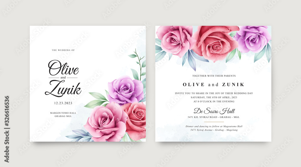 Wedding card set template with colorful floral watercolor