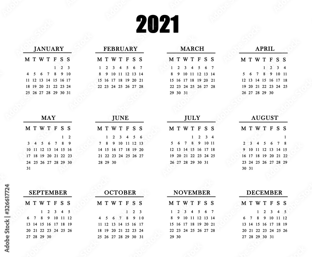 Calendar for 2021 on white background. Calendar for 2021 on white background.