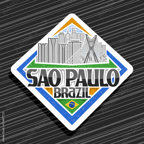 Vector logo for Sao Paulo, white rhombus tag with line illustration of famous sao paulo city scape on day sky background, design fridge magnet with creative letters for black words sao paulo, brazil.