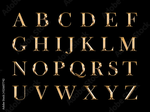 Golden English alphabet on a black background.