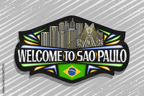 Vector logo for Sao Paulo, black decorative sign with line illustration of famous sao paulo city scape on sky background, art design fridge magnet with creative letters for words welcome to sao paulo.