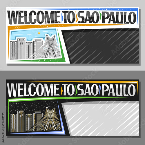 Vector layouts for Sao Paulo with copy space, voucher with line illustration of modern sao paulo city scape on day and dusk sky background, art design tourist coupon with words welcome to sao paulo.