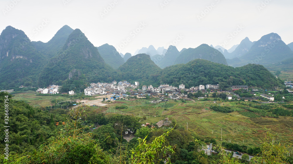 Landscape in the mountains with and beautiful rocks in Yangshuo, China.