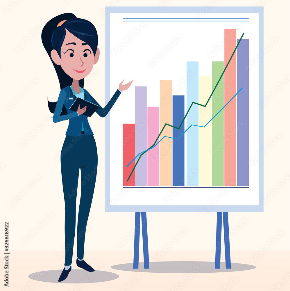 Women in office clothes. Beautiful woman in business clothes. Vector illustration. On cartoons style. Board view background.
