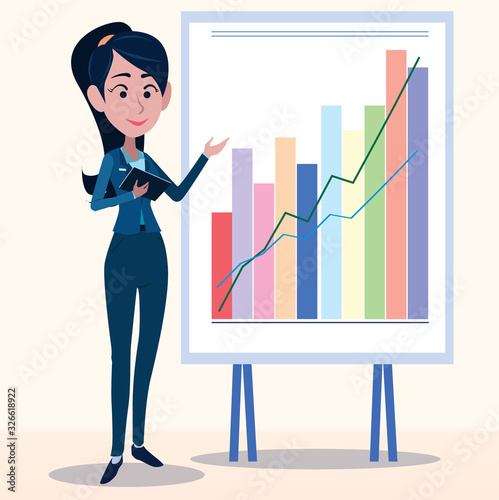 Women in office clothes. Beautiful woman in business clothes. Vector illustration. On cartoons style. Board view background.