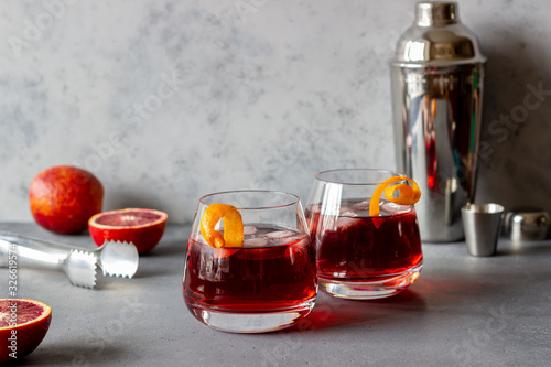 Negroni cocktail. Bitter, gin, vermouth, ice. Bar. Recipes. Alcoholic beverages.