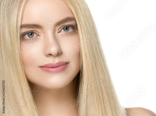 Smooth hair woman blonde long hairstyle natural blue eyes clean skin female portrait