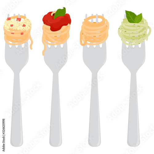Forks with spaghetti with tomato sauce, basil, bacon and pesto. Vector illustration