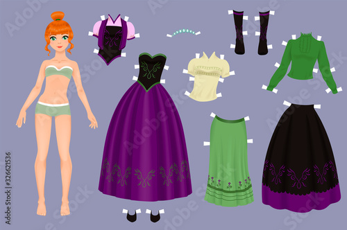 Paper doll of a pretty girl with a variety of frozen paper clothes and shoes