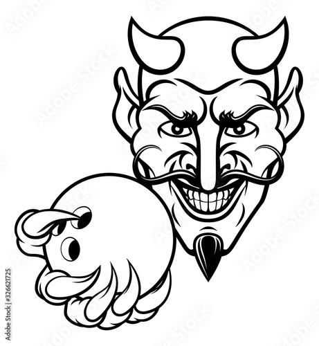 A devil cartoon character sports mascot holding a ten pin bowling ball
