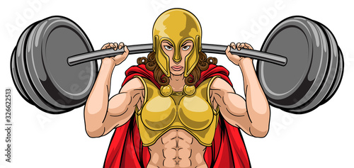 A warrior woman weightlifter lifting a heavy barbell weight. Could be an Anglo Saxon, knight or ancient Greek Trojan or Spartan sports mascot