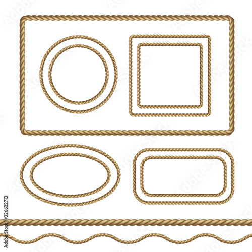 Rope frame set isolated on white background. Vector realistic texture string, jute, thread or cord borders pattern..