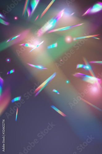 Holographic falling confetti background. Rainbow iridescent overlay texture. Vector transparent foil hologram tinsel with bokeh light effect and glare glitter. .