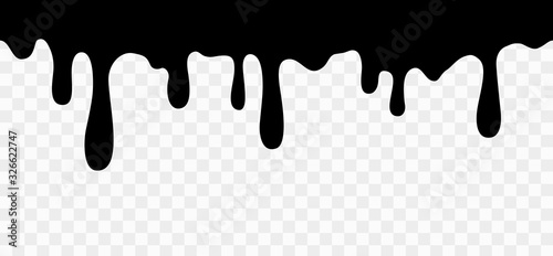 Drip of oil, sauce or paint isolated on transparent background. Black chocolate melt liquid splash border. Vector drops of ink seamless pattern.