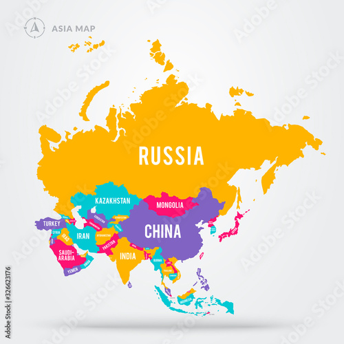 Vector illustration colorful map focus on asian countries. Asia states with name labels.