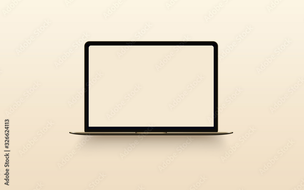 Gold laptop with blank computer screen on white background. Front view notebook mock up. The display is opened 90 degrees. Modern mobile device. Gold laptop with blank computer screen on white background. Front view notebook mock up. The display is opened 90 degrees. Modern mobile device.