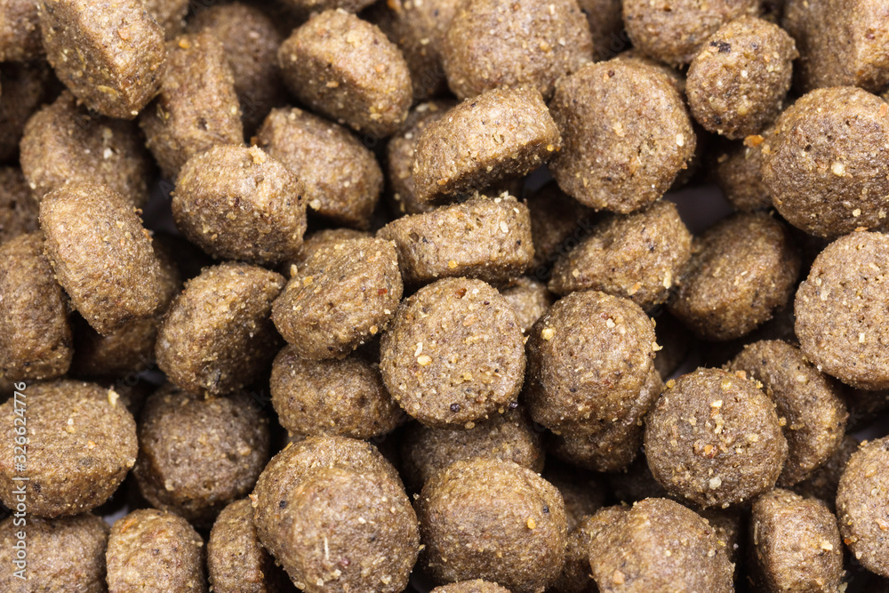 Dry food for dog and cat background, close-up, top view Dry food for dog and cat background, close-up, top view