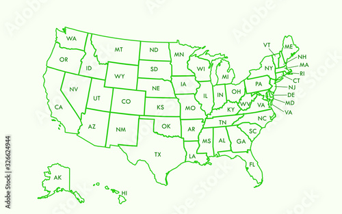 USA map outline vector with state names using green color on light background illustration