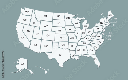 USA map land area vector with state names on black background illustration