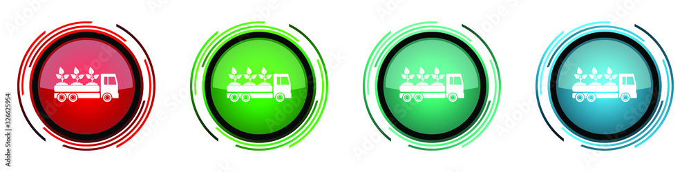Truck round glossy vector icons, plants and trees delivery set of buttons for webdesign, internet and mobile phone applications in four colors options isolated on white background Truck round glossy vector icons, plants and trees delivery set of buttons for webdesign, internet and mobile phone applications in four colors options isolated on white background