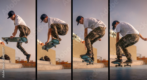 collage (4 fotos). joven skater hace un truco llamado boneless . skateaboarding photo